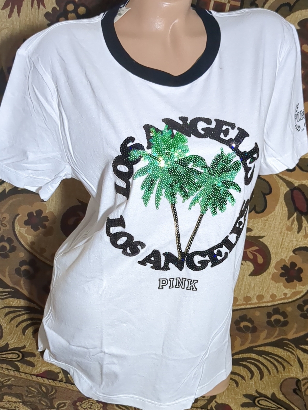Victoria's Secret PINK White Tee LA Palm Trees Black Ringer Bling small